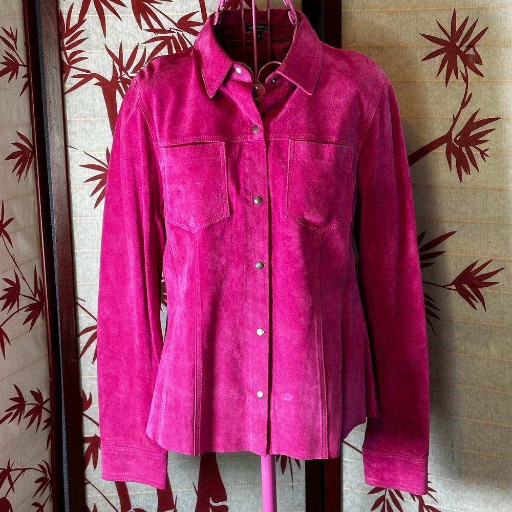 New Frontier Suede Western Shirt Jacket Pink Snap Front Button Down Size M‎
